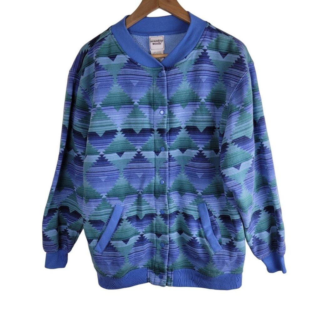 Vintage Scandia Woods 80s Southwestern Bomber Jacket Blue Size M Snap Button